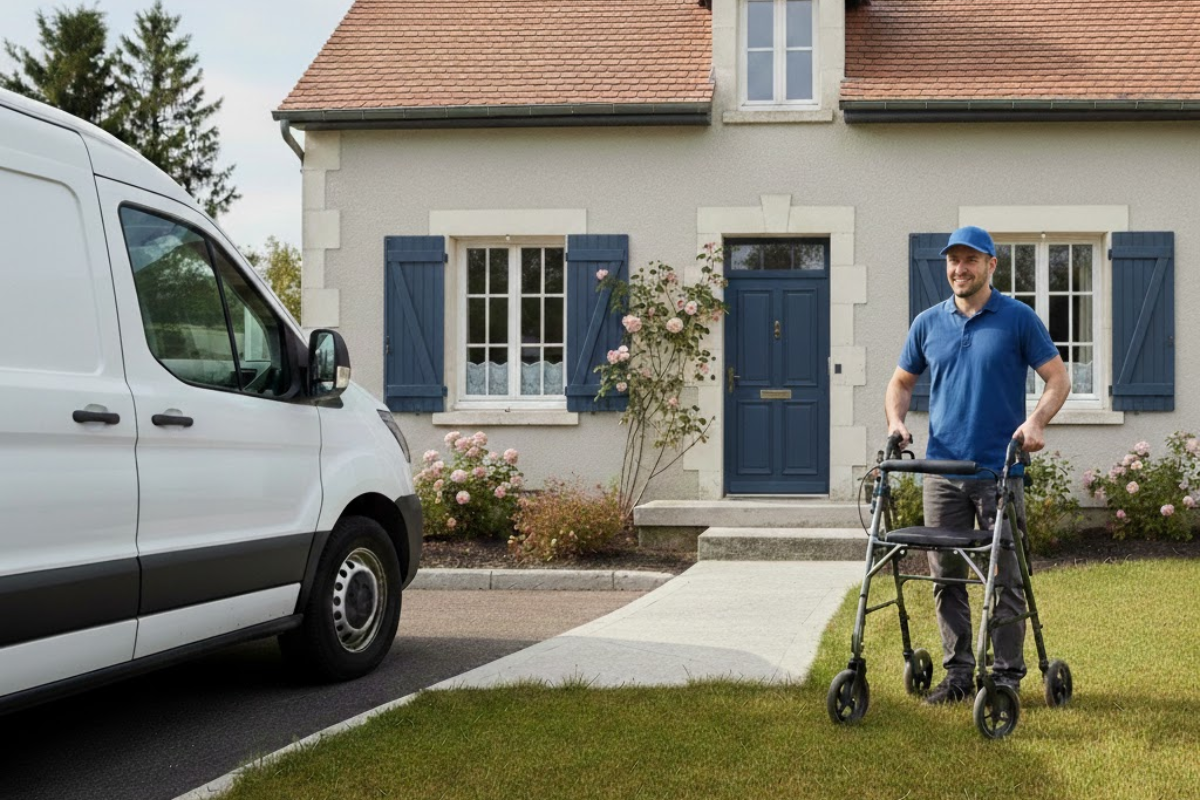 Livraison de matériel médical par un professionnel devant une maison individuelle