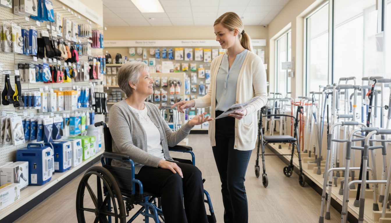 Patient et professionnel de santé discutant des options de matériel médical à domicile