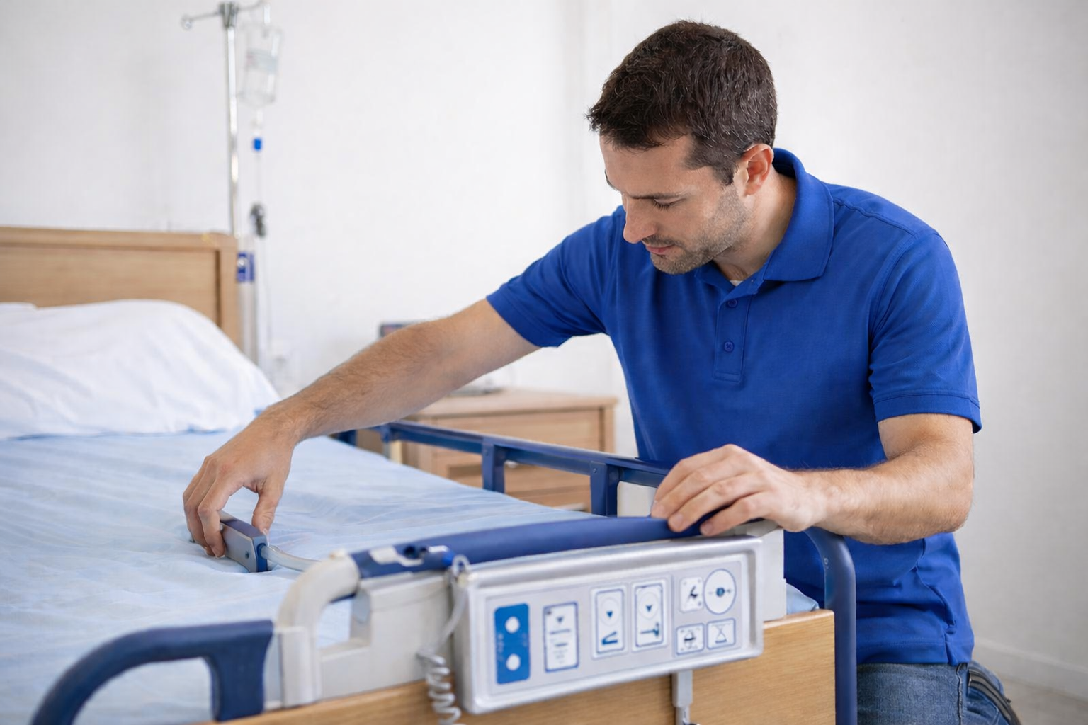 Technicien Inresa Médical installant un lit médicalisé à domicile